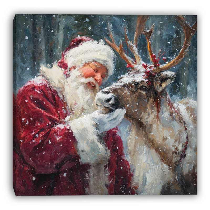 «Santa and His Reindeer - Heartwarming Christmas Moment», art mural sur toile tendue, H 20 po x l 20 po