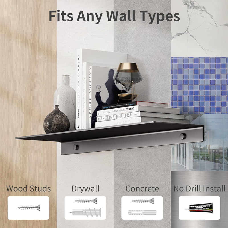 Floating Wall Shelf - Heavy Duty Metal Display Shelf For Bathroom, Kitchen, Office - No Drill Installation, Space Saving Storage Solution