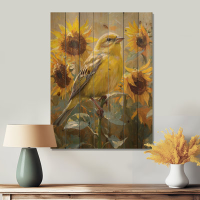 «Finch Bird In The Farm Sunflowers I», impression sur bois d'oiseau - sur bois de pin naturel