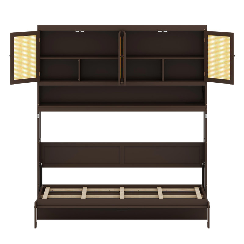 Système de lit escamotable multifonctionnel avec rangement supérieur, éclairage ambiant et station de charge, Espresso