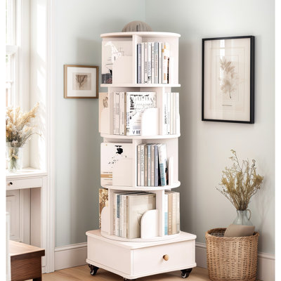 Bibliothèque de coin blanche pivotante à 360 degrés à 5 niveaux avec tiroir, organisateur de bibliothèque pour petits espaces dans une chambre et un salon