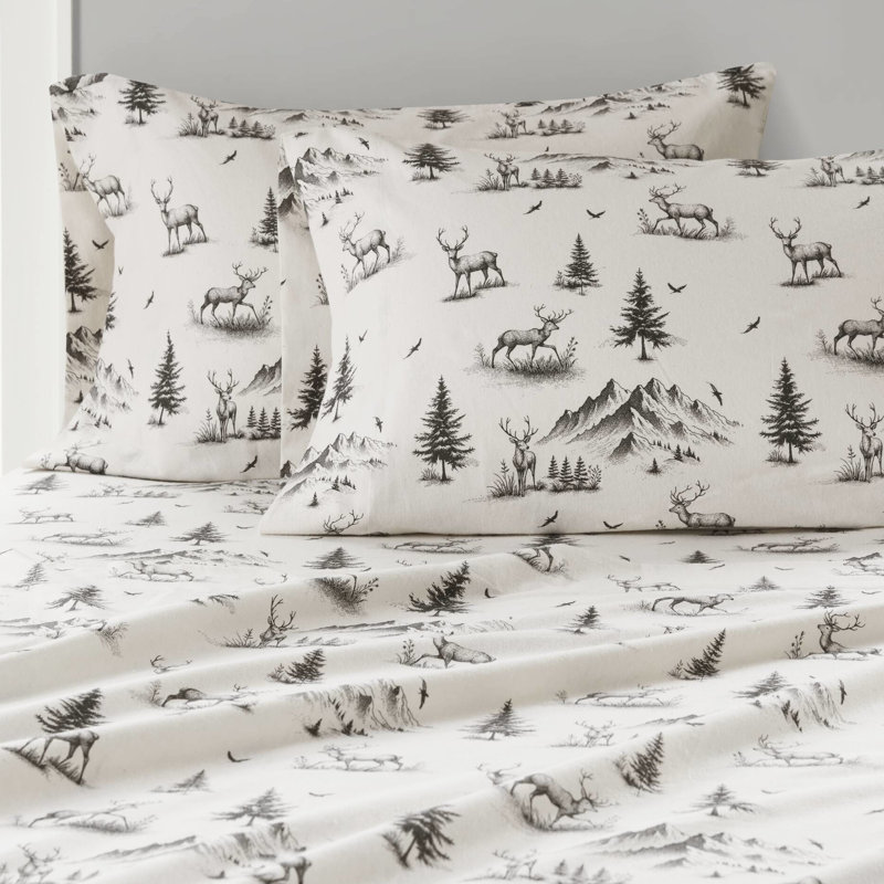 Gray Deer Toile 4 Pcs Full Sheet , 100% Cotton Flannel Brushed For Softness, Full Fitted 12" Mattresses, 14", Includes 1 Fitted, Flat And 2 Pillowcases, Simple Machine Washable,