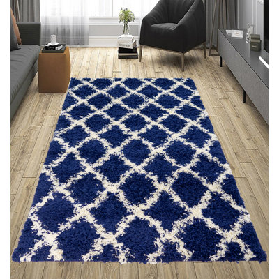 Tapis à poils longs bleu foncé et blanc Eucptus