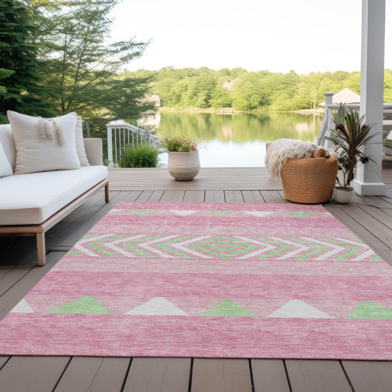 Pink and Green Geometric Indoor Outdoor Washable Rug