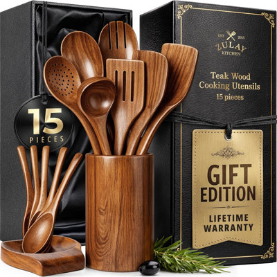 Ensemble d'ustensiles en bois de teck avec boîte-cadeau 15 pièces Zulay Kitchen