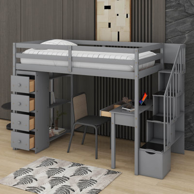 Twin Loft Bed With Drawers,Desk And Stairs
