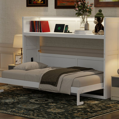 Lit simple TG avec bureau, DEL, charge. Blanc. Fabriqué en bois massif et pour un bureau pratique ou des lumières de chambre d'amis, une station de charge. Fabriqué