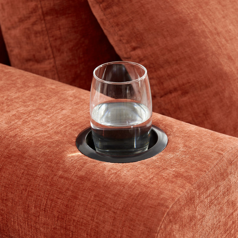 Canapé modulaire en L à compression avec porte-gobelets et poches latérales, Chenille orange, Orienté à droite