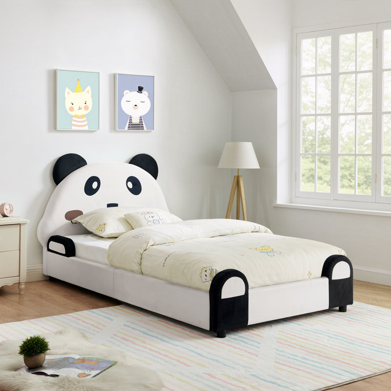 Twin Size Cute Panda-Shaped Kids Bed With Safety Soft Padded Edges, Solid Wood Toddler Bed Frame For Children For Bedroom, Velvet Fabric