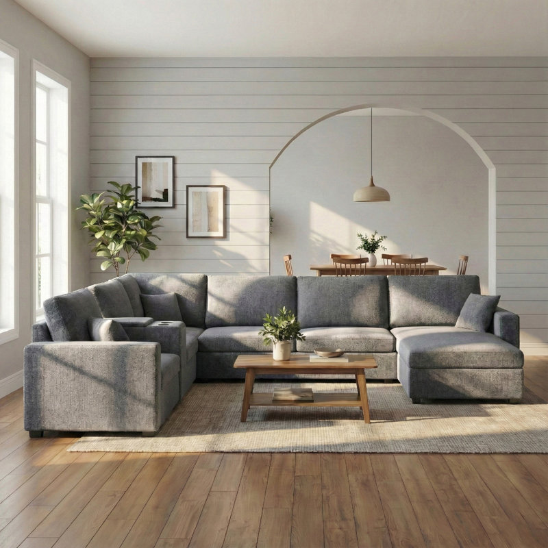 Canapé modulaire en U avec méridienne, porte-gobelets, tiroir de rangement et coussins, Gris