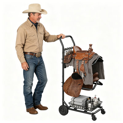 Rolling 2-Tier Saddle Rack Cart with Storage Basket  Hooks - Heavy-Duty Steel Equestrian Tack Organizer for Stables, Barns  Competition Venues (Blac