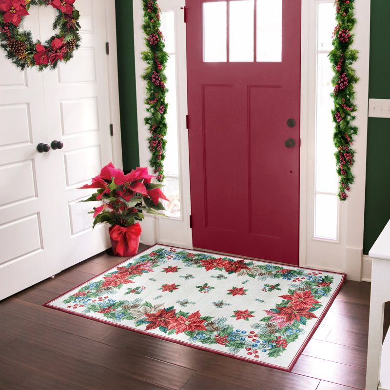  Lilirose Crystal Print Fete Christmas Transitional Floral Poinsettia Polyester Washable Flat Pile Indoor Area Rug