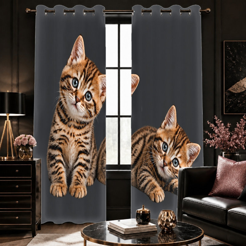 2 pièces de rideaux bloquant le soleil avec motif de chat mignon, 53 * 53 pouces * 2 pièces