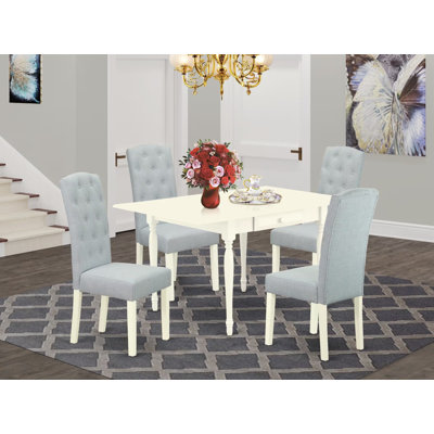L'ensemble de table de salle à manger 5 pièces comprend une table de cuisine rectangulaire avec Dropleaf et 4 chaises rembourrées en tissu bleu lin, blanc lin