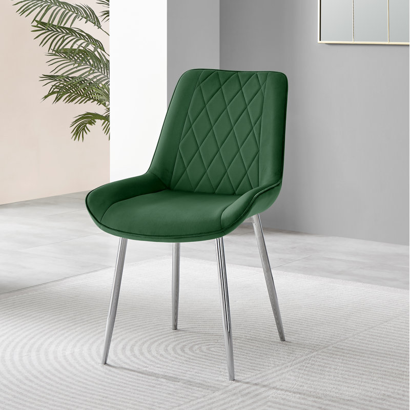Alezzo Modern High Gloss Extendable Dining Table Set with 6 Luxury Velvet Dining Chairs, Green, Silver