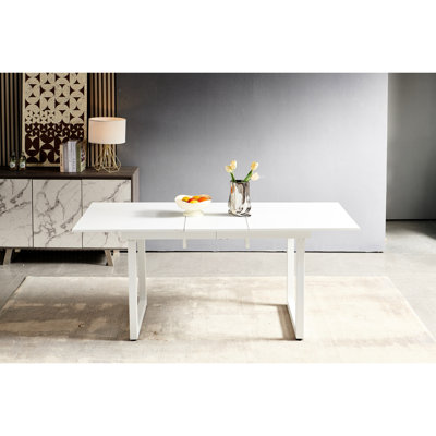 Table extensible carrée en blanc antique pour la surface de vie, support de pieds en métal, l 71,37 po x P 31,5 po H 29,5 po, stabilité de matériau moderne avec forme et pieds, plateau, utilisation dans la pièce