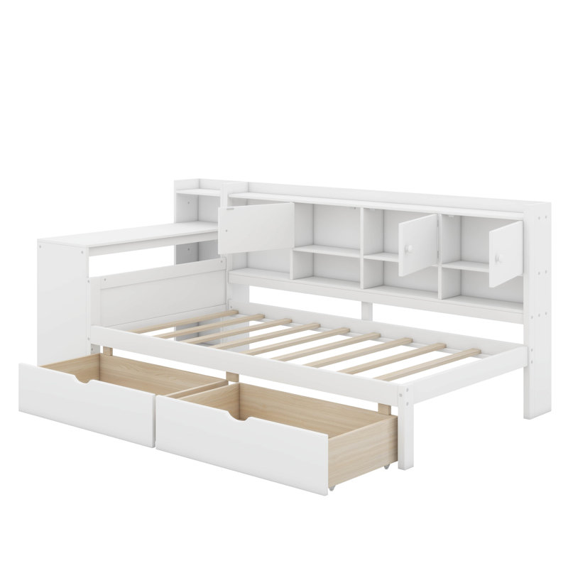 Lit de jour simple en L en bois avec armoires et deux tiroirs de rangement, Blanc