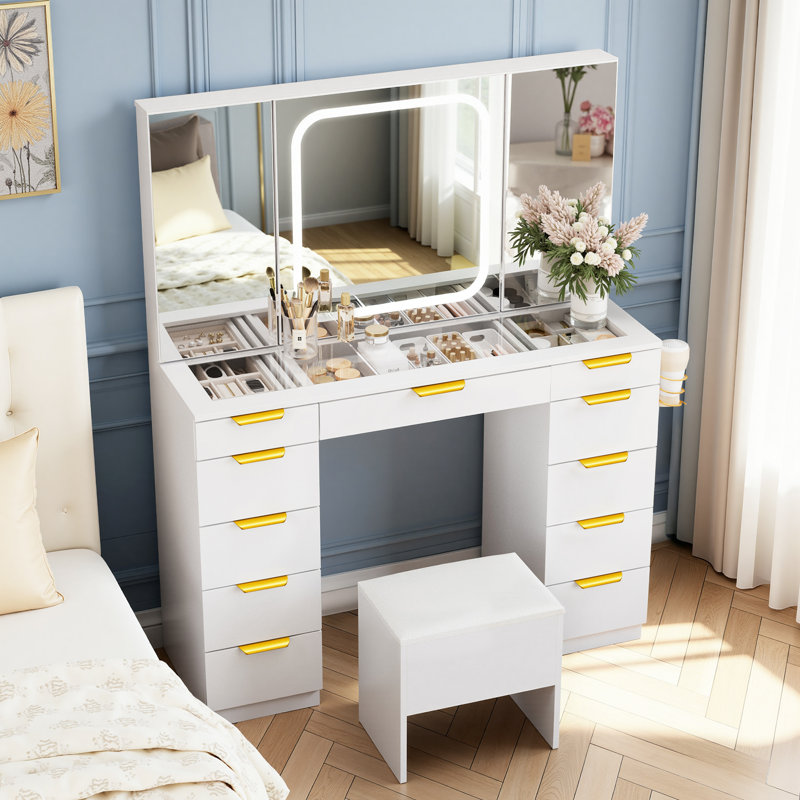 Glass Top Makeup Vanity Desk With Foldable Mirror & Lights, 11 Drawers, Charging Station And Chair