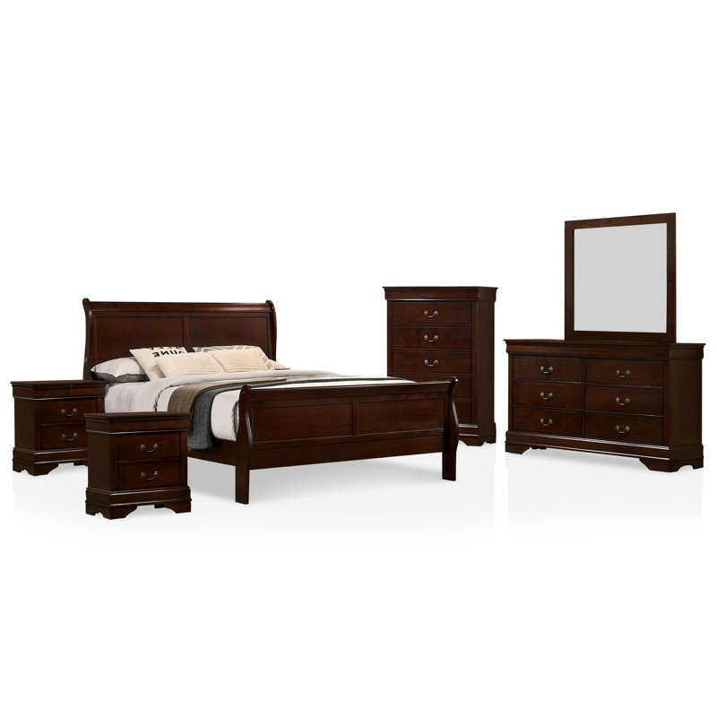 Ensemble de lit pour tête de lit courbé en bois de 6 pièces de 88,38 po de largeur Em, avec 2 tables de chevet, commode, miroir et commode