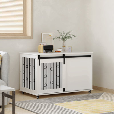 Modern Wooden Dog Crate Furniture With Sliding Barn Door And Side Door, Indoor Dog Kennel End Table For Small To Medium Dogs, Decorative Pet Crate With Metal Bars And Lockable Wheels