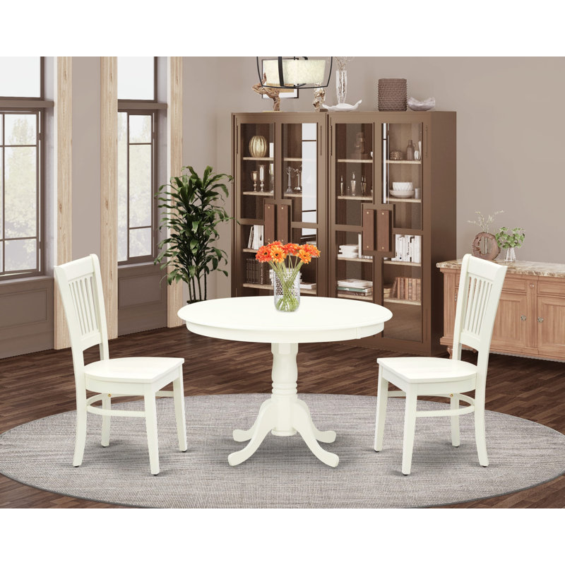 3 Piece Dining Room Furniture Set Contains a Round Kitchen Table with Pedestal and 2 Dining Chairs, Linen White, 3 Pieces