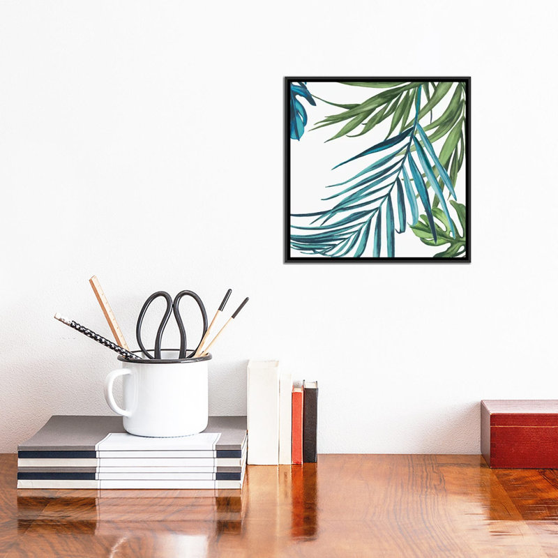 « palm leaves iii », impression sur toile, H 18 po x l 18 po x P 1,5 po, Toile avec cadre noir, Pas de tapis