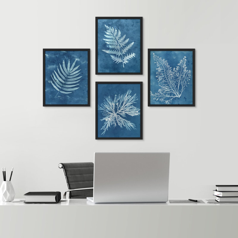 «Pastel Blue Tropical Jungle Monstera Leaves», ensemble de 4 reproductions de cadres photo simples, Blanc, H 14 po x l 11 po