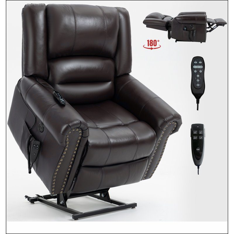 Power Lift Recliner Chair Heat Massage Dual Motor Infinite Position Up to 350 LBS, Genuine Leather, Brown