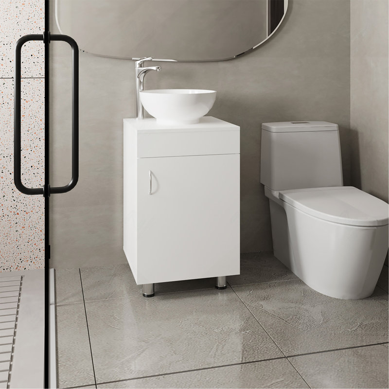 Meuble-lavabo autoportant de 18 po de large avec lavabo en porcelaine, rangement pour salle de bain, blanc