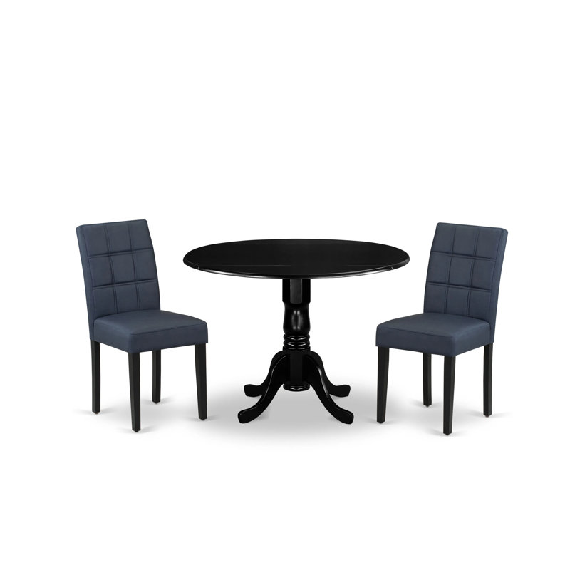 L'ensemble de table de salle à manger 3 pièces comprend une table en bois et 2 chaises de salle à manger en tissu polyester bleu marine foncé avec dossier élégant - finition noire