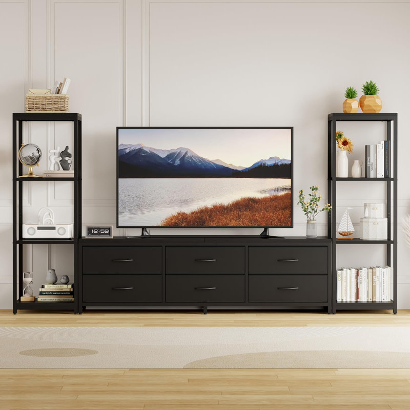 88.9" TV Stand for 75 Inch TV, Entertainment Center with Fabric Drawers & 4-Tier Open Shelves, Modern Media Console with Storage