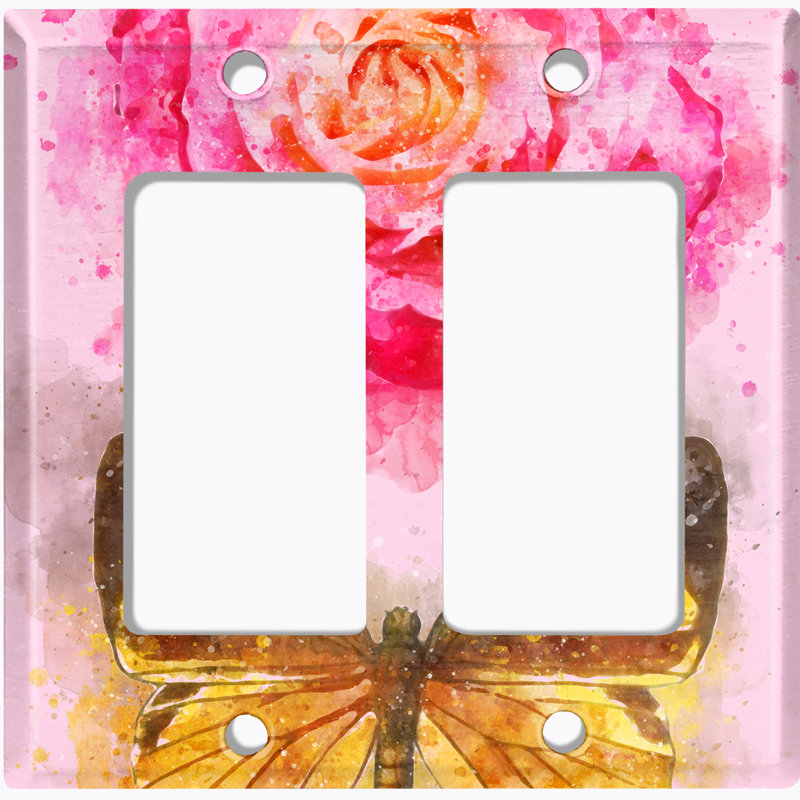Couvercle de prise de courant en métal avec interrupteur (Flower Rose Butterfly 1 - Double Rocker)