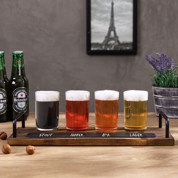 Beer Tasting Serving Set - Wood Paddle & 4 Glasses