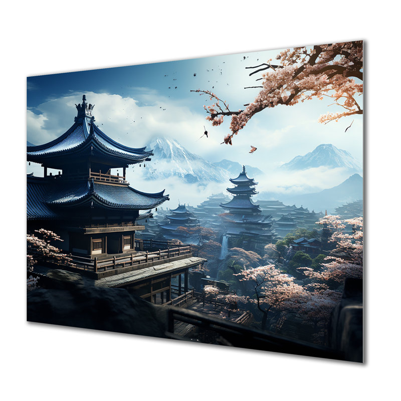 «Japon», temple panoramique, sérénité - Japon, art mural en métal MT134835, H 16 po x l 32 po x P 1 po