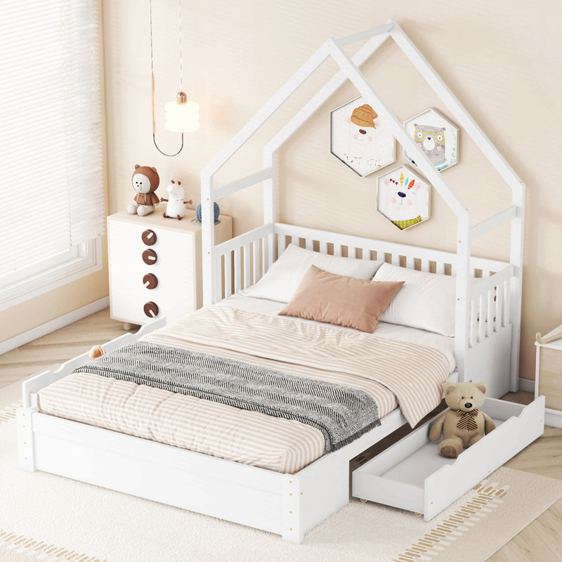 Grand lit plateforme en bois avec garde-corps et 2 tiroirs, Blanc