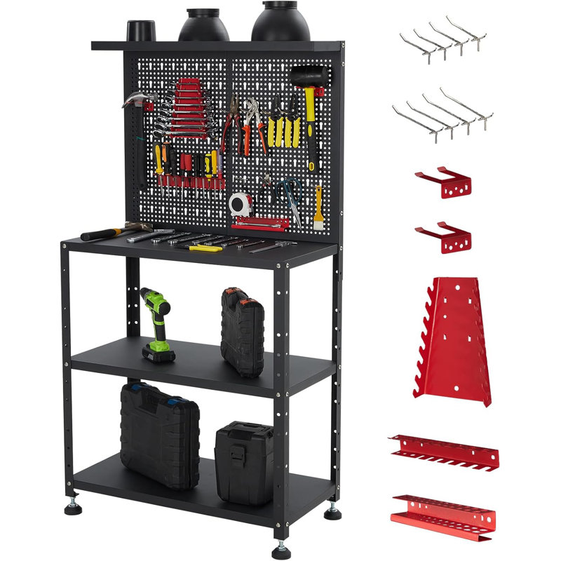 Heavy Duty Garage Workbench with Pegboard, in Space Saving Adjustable Workbench for Small Workshop,Work Bench for Garage, Workshop