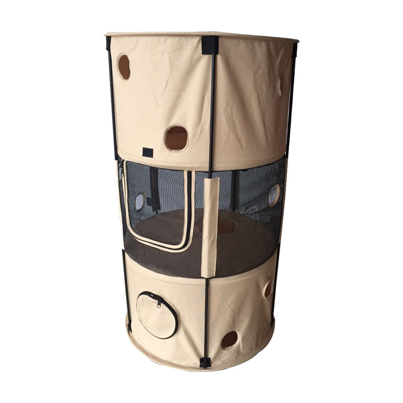 Climbertree Circular Obstacle Portable Cat House with Door, Khaki