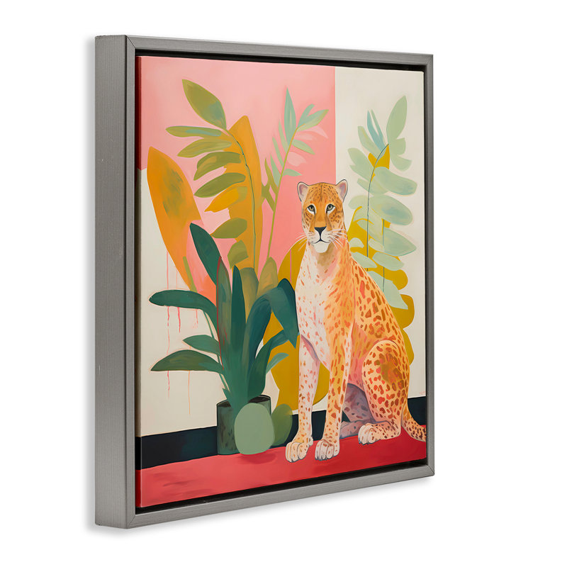 «Leopard Sitting with Plants», art mural sur toile par Walker Noble, H 18 po x l 18 po, Cadre flottant gris lustré