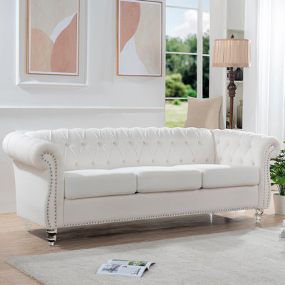 White 86.92" Rolled Arm 3 . Meets Us Tb117 Requirements. Staggered Deep Pull Buckles For Uniform Stress. Paint-Sealed Birch Legs Easy Stain . Solid Wood + Plywood Interior. Foam And Pocket Springs