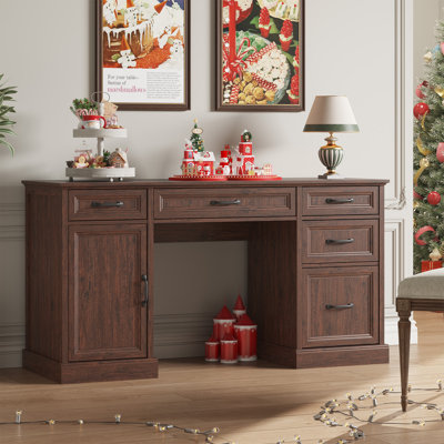 Hava 58" W Farmhouse Office Writing Desk With Drawer,Executive Desk,File Cabinet