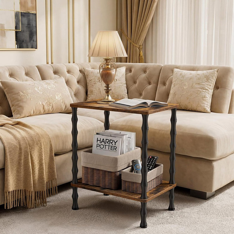 Wood Couch Side Table With Storage Shelf, 2-Tier Corner Nightstand For Small Spaces, Bedroom, Living Room, Or Couch Use, Brown Finish