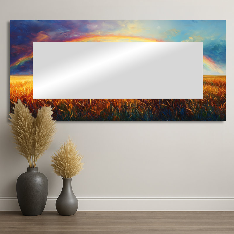 «Countryside Rainbow Over The Wheat Fields II», art mural traditionnel miroir décoratif, 28 po x 60 po