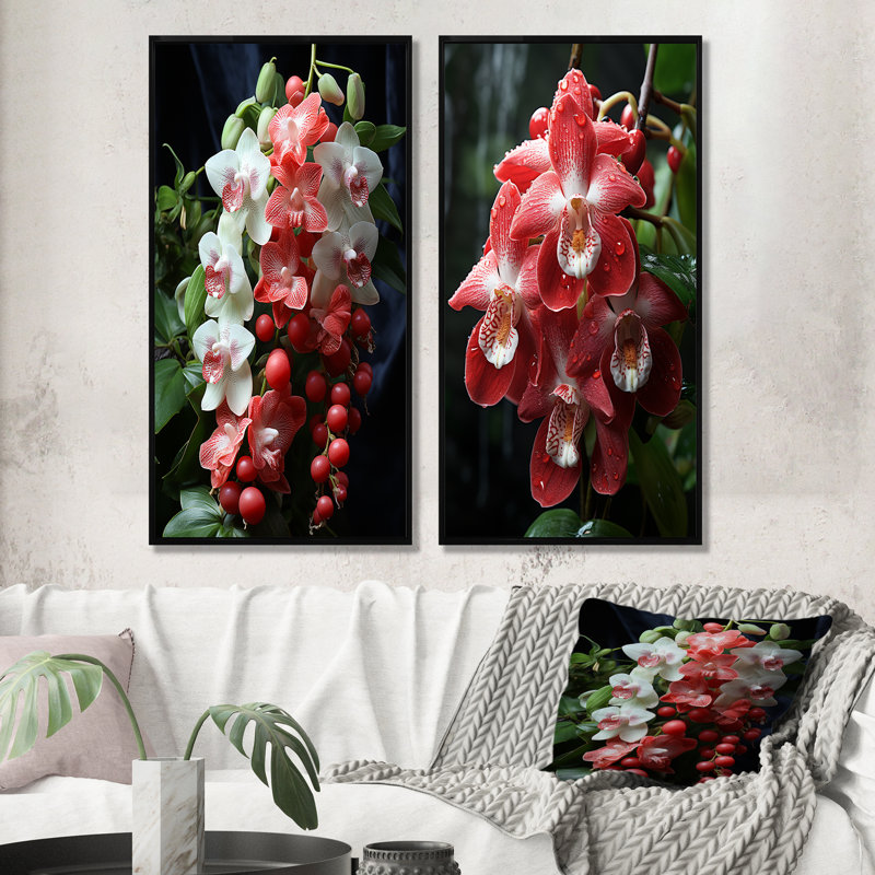 Tranquil rose et blanc I - Orchidées sur toile, ensemble de 2 reproductions d'art sur toile, Cadre noir, H 28 po x l 25 po