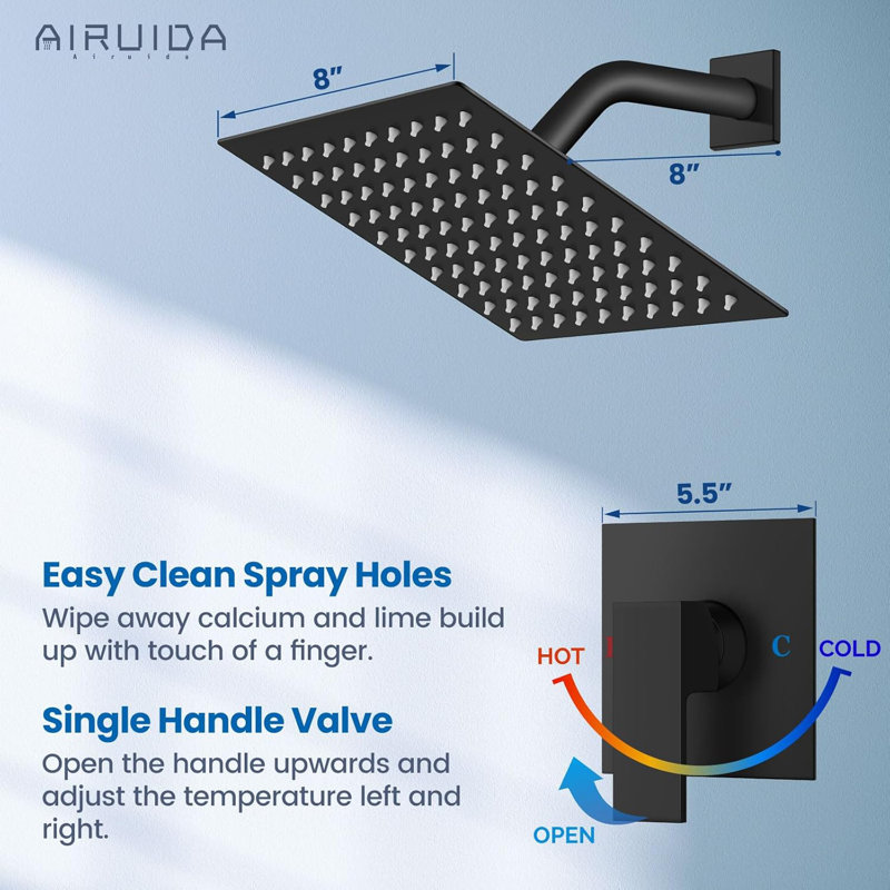 Airuida Shower System - Single Handle Wall Mount Rain Shower Head With Rough-In Valve, SUS304 Stainless Steel And Brass Construction, Matte Black Finish