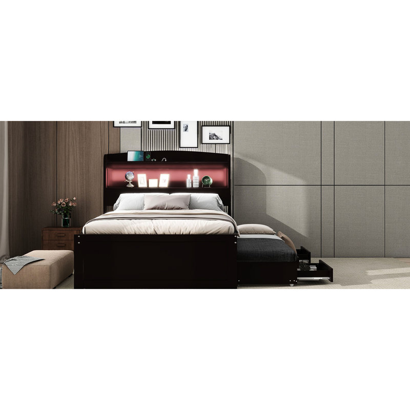 Twin Xl Storage Bed With Handy Features, Led Headboard & Charging, Dark Brown Storage, Charging Headboard, 2 Drawers, Trundle, Build