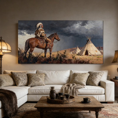 Large Native American Canvas Wall Art, Western Indian Decor Framed Painting Prints, Horse Warrior Teepee Picture Poster, Ready to Hang Canvas Artwork for Living Room Bedroom Office Gallery Home Decoration, 28×58 Inches