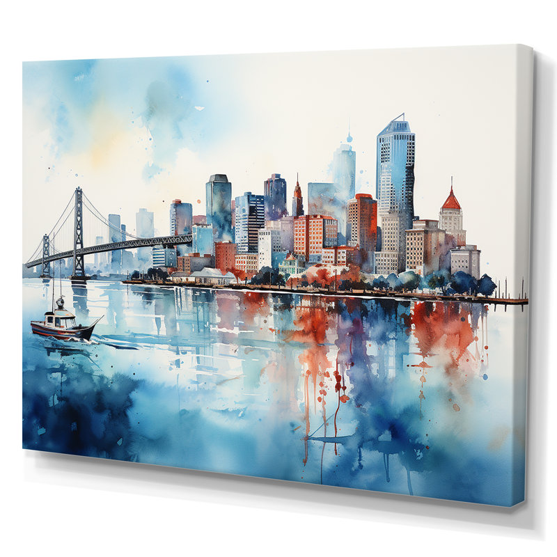 «Golden Gate San Francisco Cityview Watercolor I», reproduction sur toile, 24" H x 32" W, Toile tendue