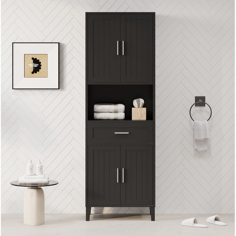 Elegant High Freestanding Tall Bathroom Cabinet With Drawer, 2 Cabinets, 4 Soft-Close Doors And 2 Adjustable Shelves, Black
