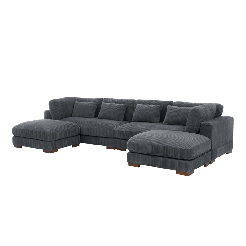 Canapé modulaire de coin avec repose-pieds Croy, Velours côtelé gris