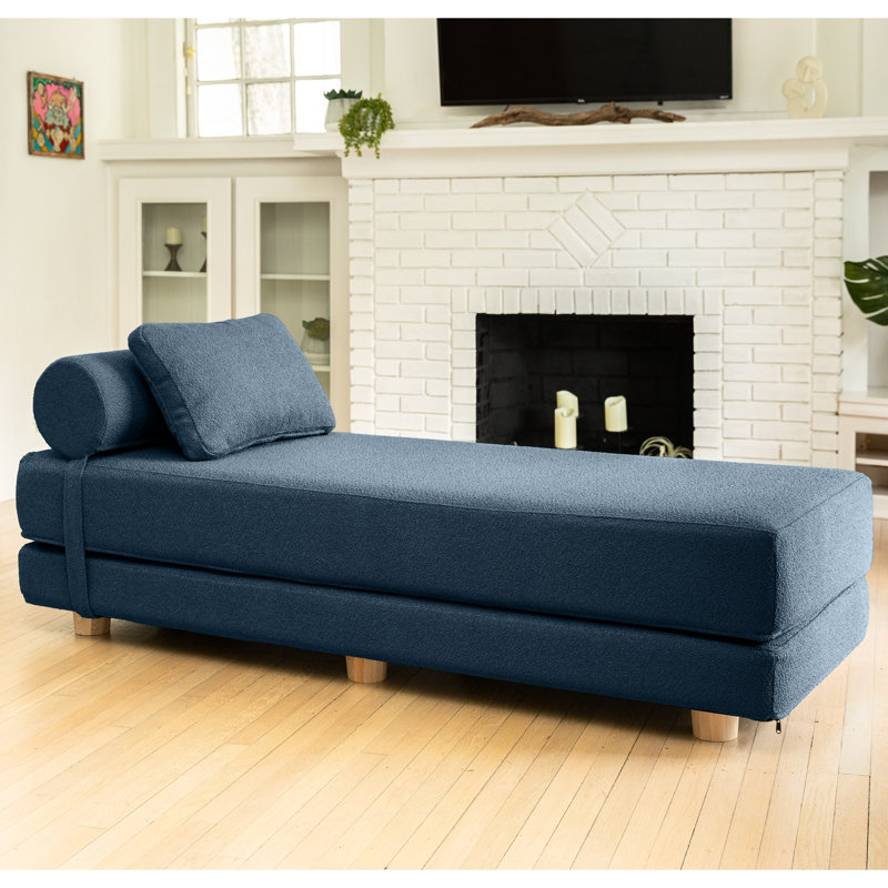 Amala Daybed Fold-Out Sleeper Chaise with Premium Memory Foam Queen-Size Mattress & Pillows-Premium Boucle, Navy Boucle